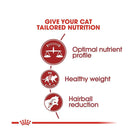 Royal Canin Fit 32 cat food benefits infographic showing nutrient profile, weight, and hairballs zigly