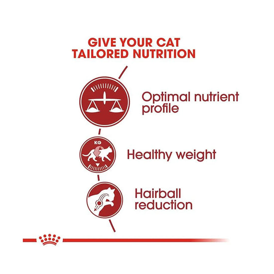 Royal Canin Fit 32 cat food benefits infographic showing nutrient profile, weight, and hairballs zigly