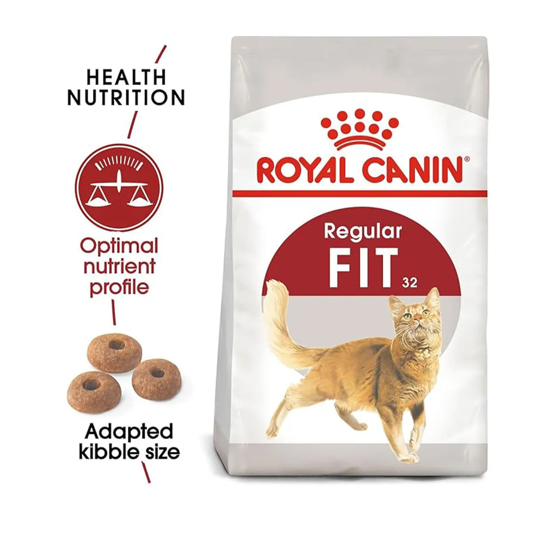 Royal Canin Fit 32 dry cat food packaging and kibble from zigly