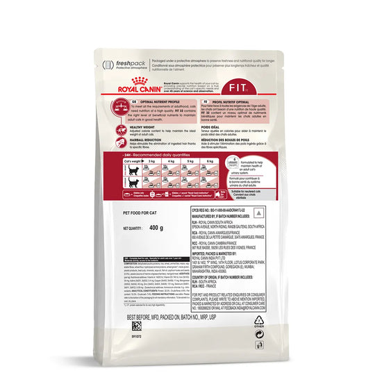Back of Royal Canin Fit 32 dry cat food packaging with feeding guide, available at Zigly.