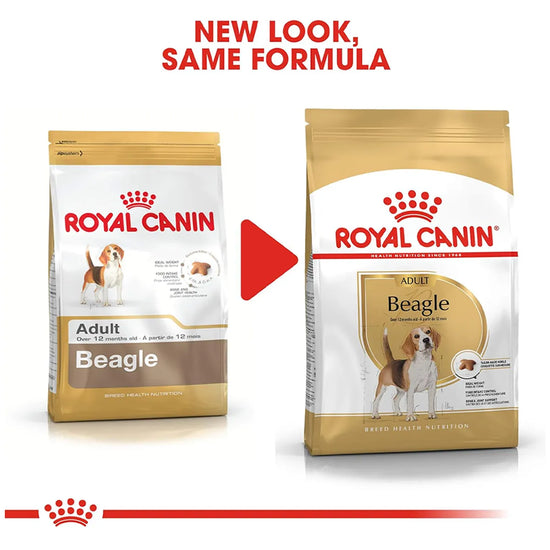 Royal Canin Beagle Adult dry dog food packaging update comparison available at zigly