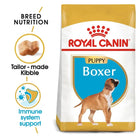Royal Canin Boxer Puppy dry dog food packaging with nutritional benefits, available at zigly