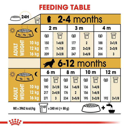 Royal Canin Cocker Puppy dry dog food feeding table guide available at zigly