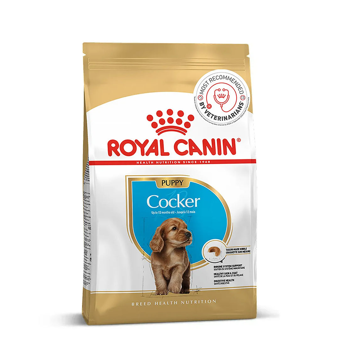 Royal Canin Cocker Puppy dry dog food packaging available at zigly