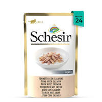 Schesir adult cat food pouch tuna with salmon in jelly pack of 24 featuring zigly