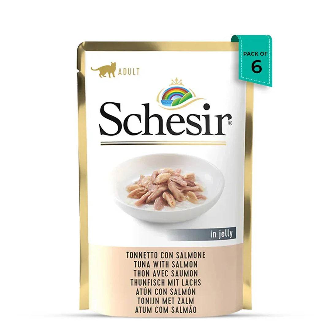 Schesir adult cat food pack of 6 tuna with salmon in jelly pouch with zigly branding