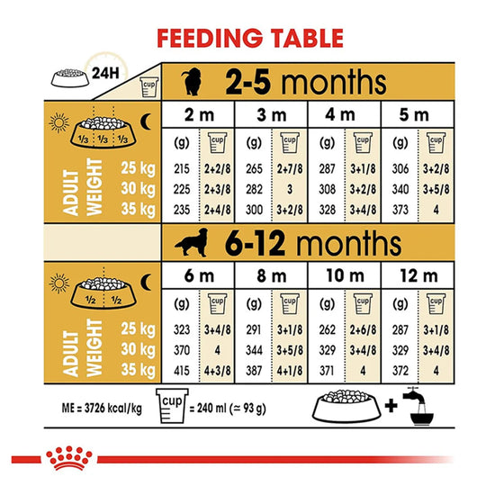 Royal Canin Golden Retriever puppy feeding table guide available at zigly