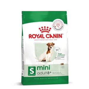 Royal Canin Mini Adult 8+ dry dog food packaging for small breeds on Zigly