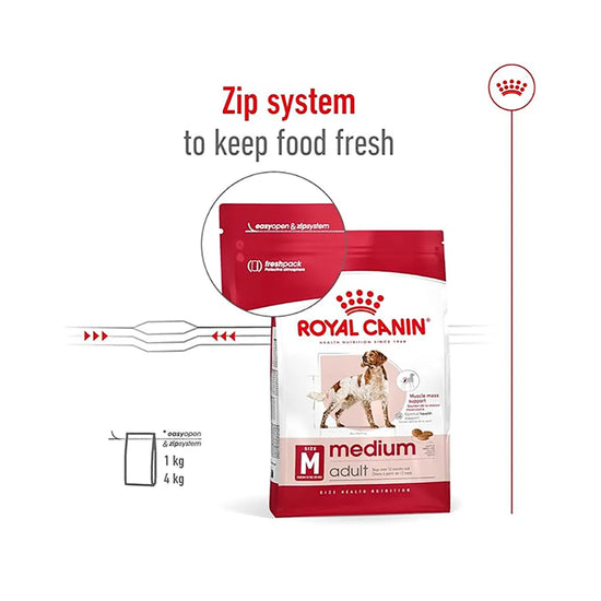 Royal Canin Medium Adult dry dog food packaging with zip system for freshness, available at zigly