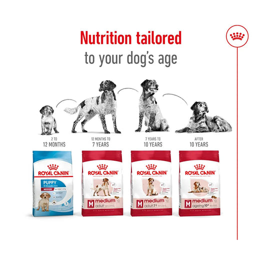 Royal Canin medium dog food range for different life stages available at zigly
