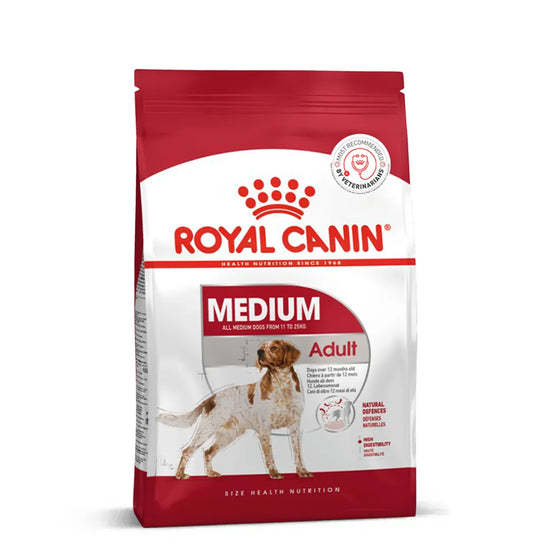 Royal Canin Medium Adult dry dog food packaging available at Zigly