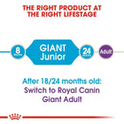 Royal Canin Giant Junior to Adult dog food guide for 8 to 24+ months, zigly