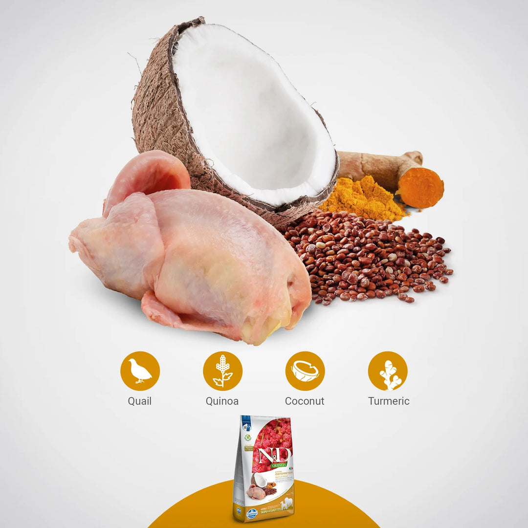 Farmina N&D Quinoa Monoprotein Quail, Coconut & Turmeric (Skin & Coat) Medium & Maxi Breed Dry Adult Dog Food