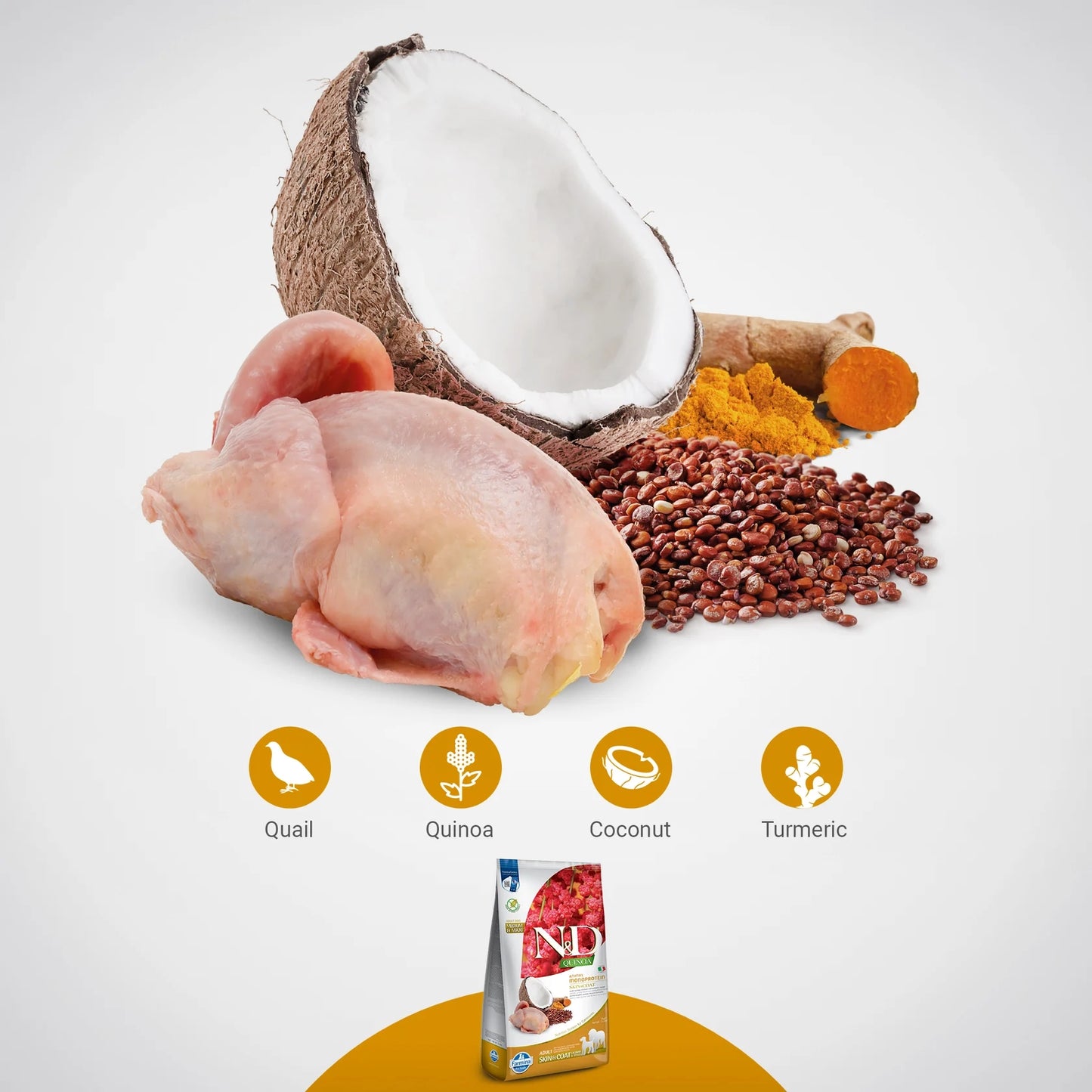 Farmina N&D Quinoa Monoprotein Quail, Coconut & Turmeric (Skin & Coat) Medium & Maxi Breed Dry Adult Dog Food
