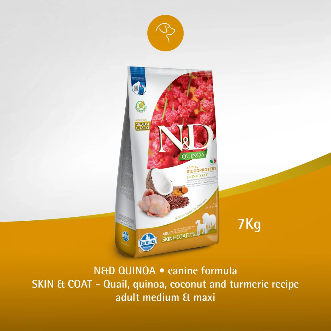 Farmina N&D Quinoa Monoprotein Quail, Coconut & Turmeric (Skin & Coat) Medium & Maxi Breed Dry Adult Dog Food