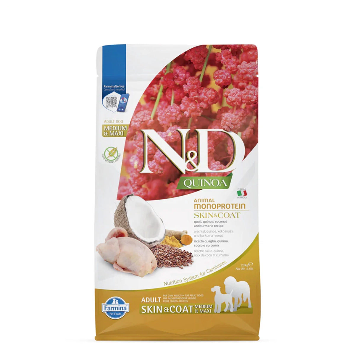 Farmina N&D Quinoa Monoprotein Quail, Coconut & Turmeric (Skin & Coat) Medium & Maxi Breed Dry Adult Dog Food