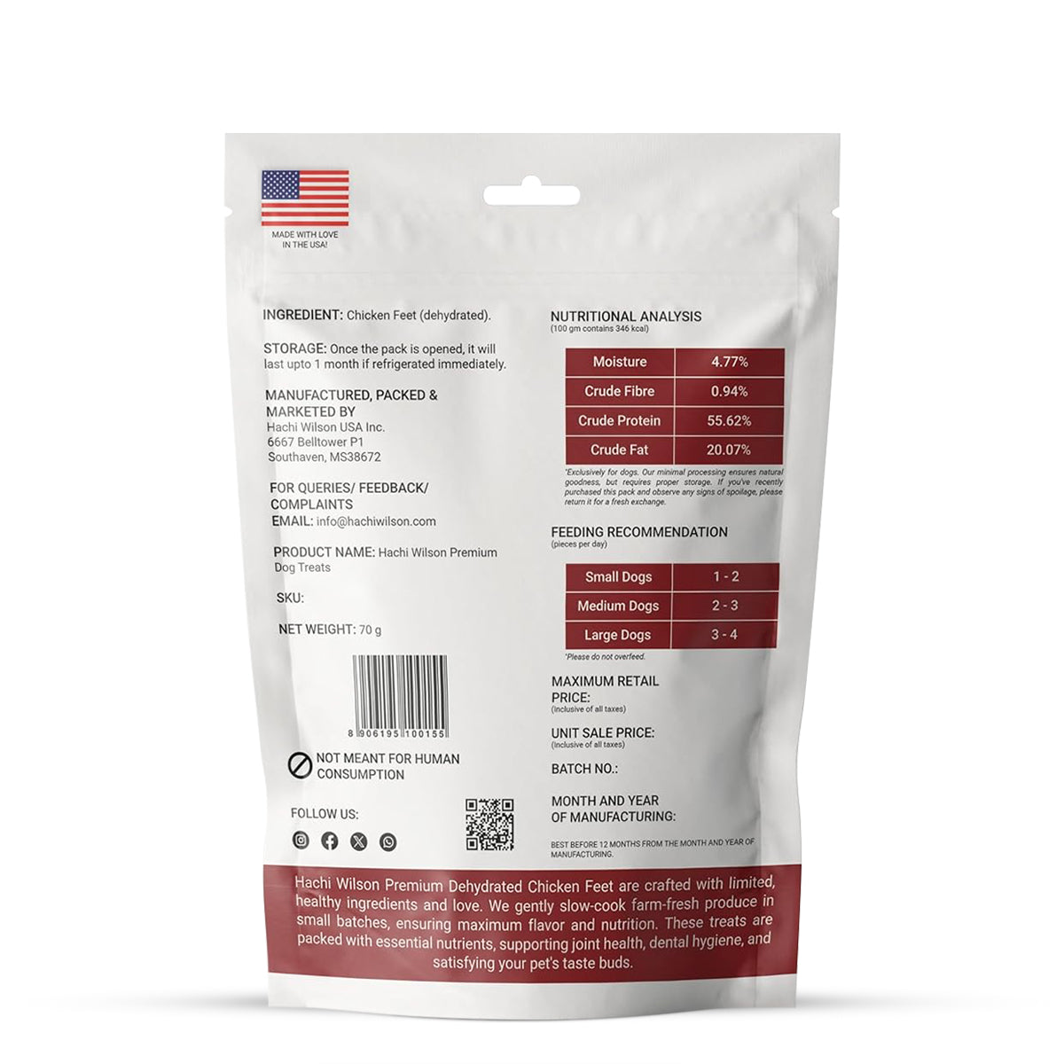 Hachi Wilson Premium Dehydated Chicken Feet Dog Treat - 70g