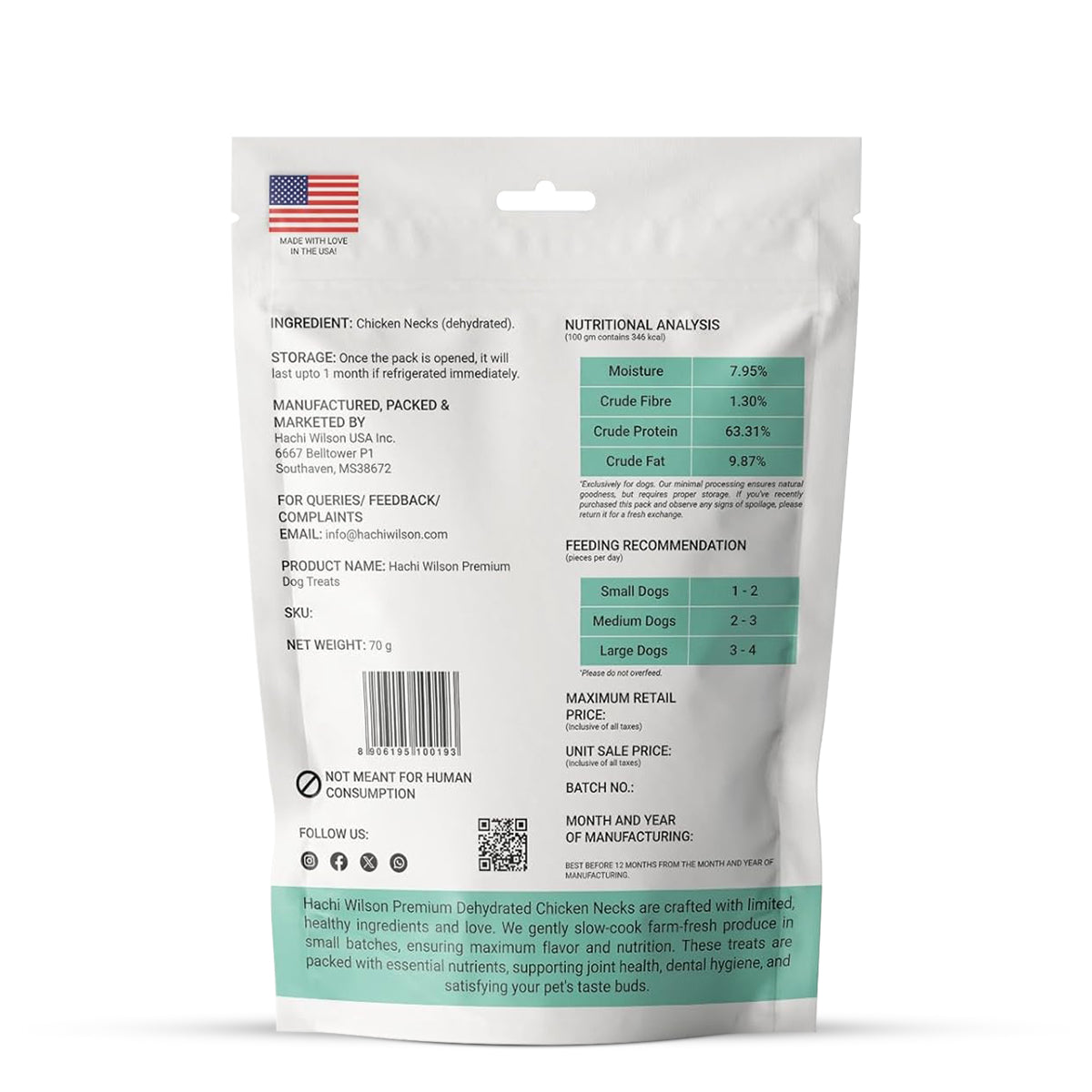 Hachi Wilson Premium Dehydrated Chicken Neck Dog Treat - 70g