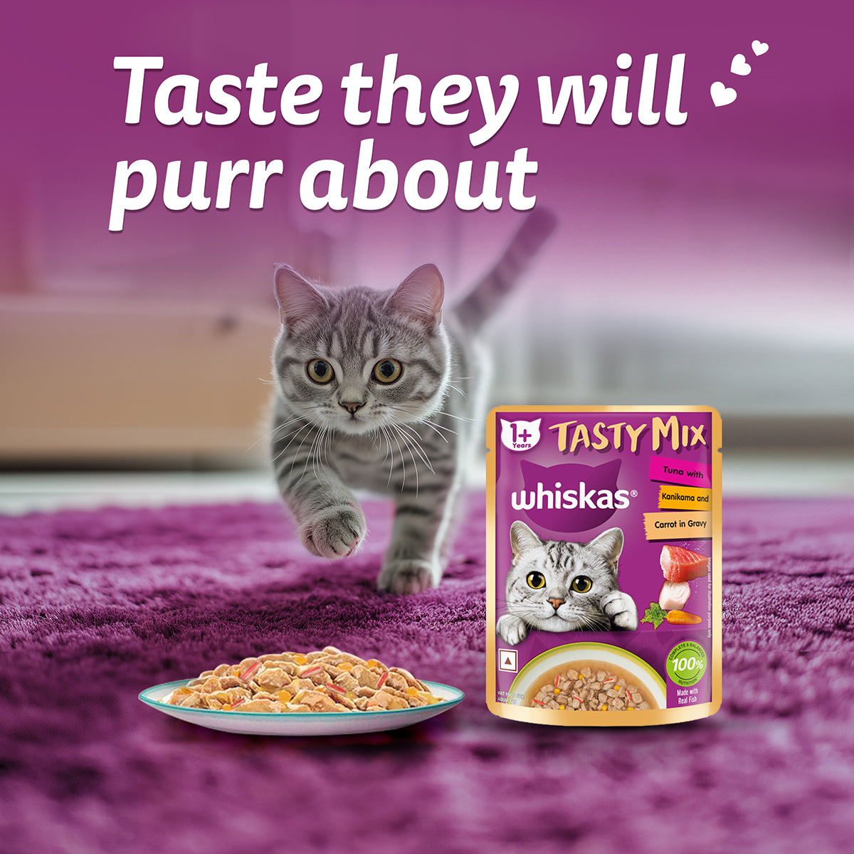 Whiskas Tasty Mix Tuna with Kanikama & Carrot In Gravy Wet Cat Food - All Breed Adult (1+ year) - 70g Pouch