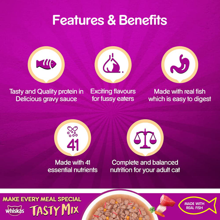 Whiskas Tasty Mix Tuna with Kanikama & Carrot In Gravy Wet Cat Food - All Breed Adult (1+ year) - 70g Pouch