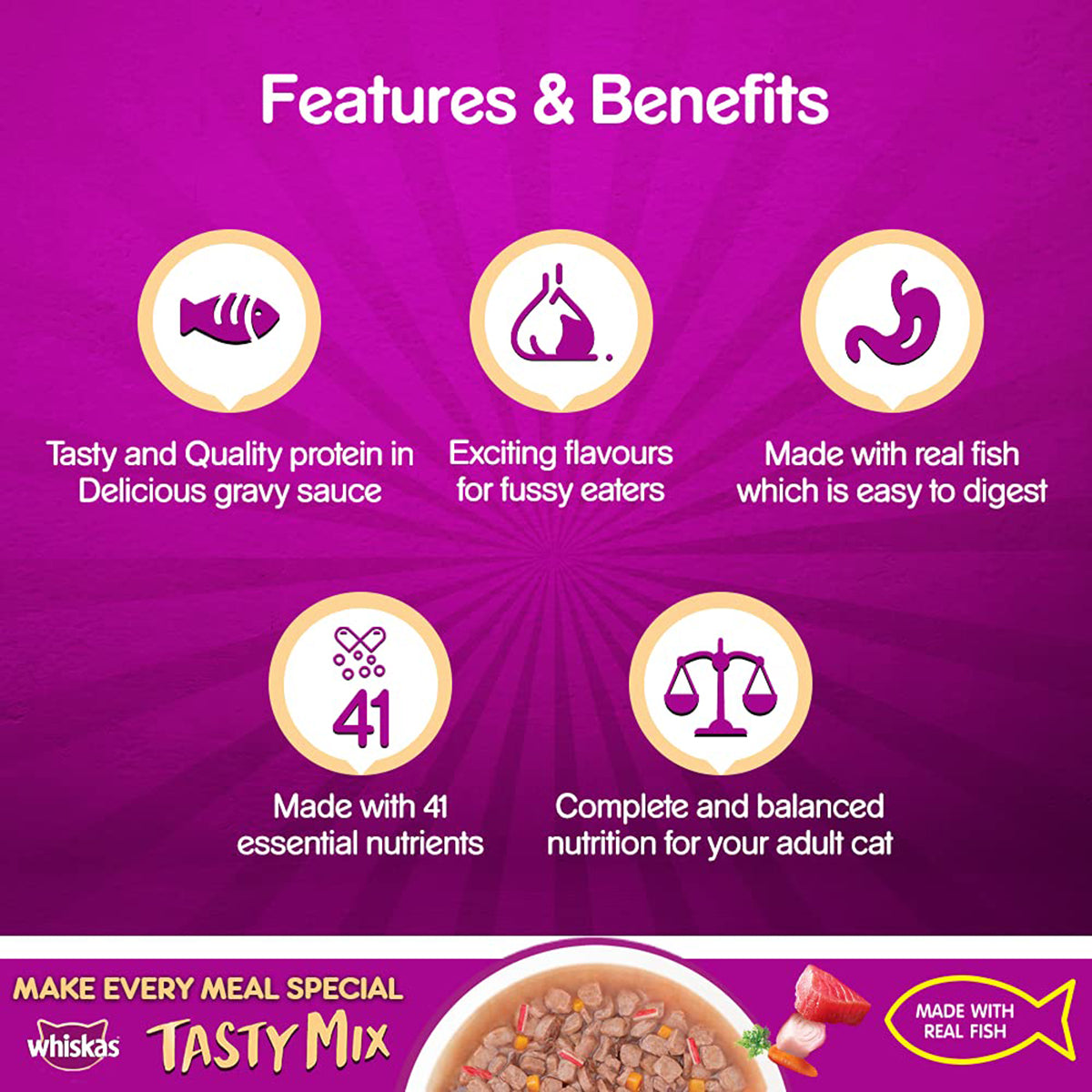 Whiskas Tasty Mix Tuna with Kanikama & Carrot In Gravy Wet Cat Food - All Breed Adult (1+ year) - 70g Pouch