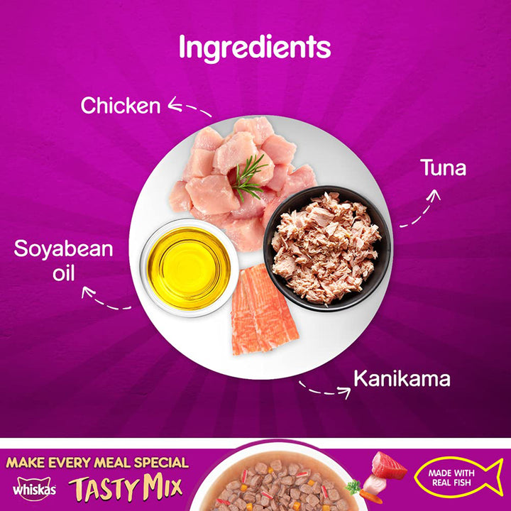 Whiskas Tasty Mix Tuna with Kanikama & Carrot In Gravy Wet Cat Food - All Breed Adult (1+ year) - 70g Pouch