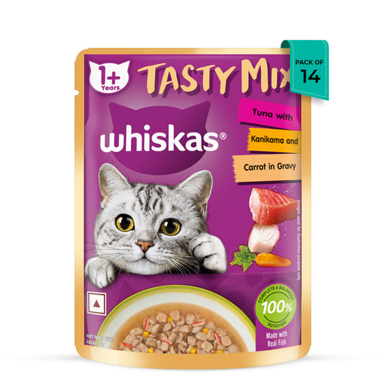Whiskas Tasty Mix Tuna with Kanikama & Carrot In Gravy Wet Cat Food - All Breed Adult (1+ year) - 70g Pouch