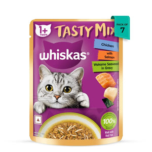 Whiskas Tasty Mix Chicken with Salmon and Wakame Seaweed wet cat food pack of 7 from zigly