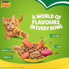 Zigly Purina Friskies cat food bowl with chicken, salmon, tuna, and carrots flavors plus playful orange cat