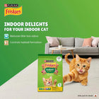 Purina Friskies Indoor Delights cat food with orange cat in living room, controls hairballs, reduces litter odour zigly