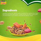 Purina Friskies cat food bowl with grilled chicken, salmon, carrot, and tuna ingredients on green background with zigly