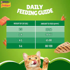 Purina Friskies cat daily feeding guide chart with cat weight and grams to feed, orange cat licking lips, zigly
