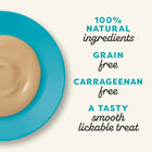 Zigly creamy lickable pet treat on blue plate with 100% natural, grain-free, carrageenan-free text