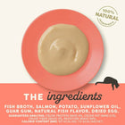 Zigly natural salmon cat food puree on pink plate, with ingredient list and nutrition info.