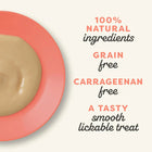 Zigly lickable pet treat on pink plate, 100% natural, grain-free, carrageenan-free