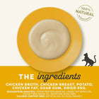 Zigly cat food puree on yellow plate, 100% natural ingredients, chicken-based recipe.