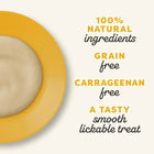 Zigly lickable pet treat on yellow plate, 100% natural, grain and carrageenan free