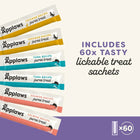 Zigly cat treat sachets assorted flavors, 60x lickable puree packs in chicken, tuna, salmon.