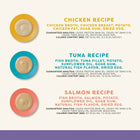 Zigly pet food recipes with chicken, tuna, and salmon purees shown on colorful plates with ingredients listed.