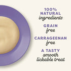 Zigly smooth lickable pet treat on purple plate, 100% natural, grain and carrageenan free.