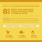 Zigly pet food label showing 8kg mix of free-run chicken, wild-caught fish, whole eggs info