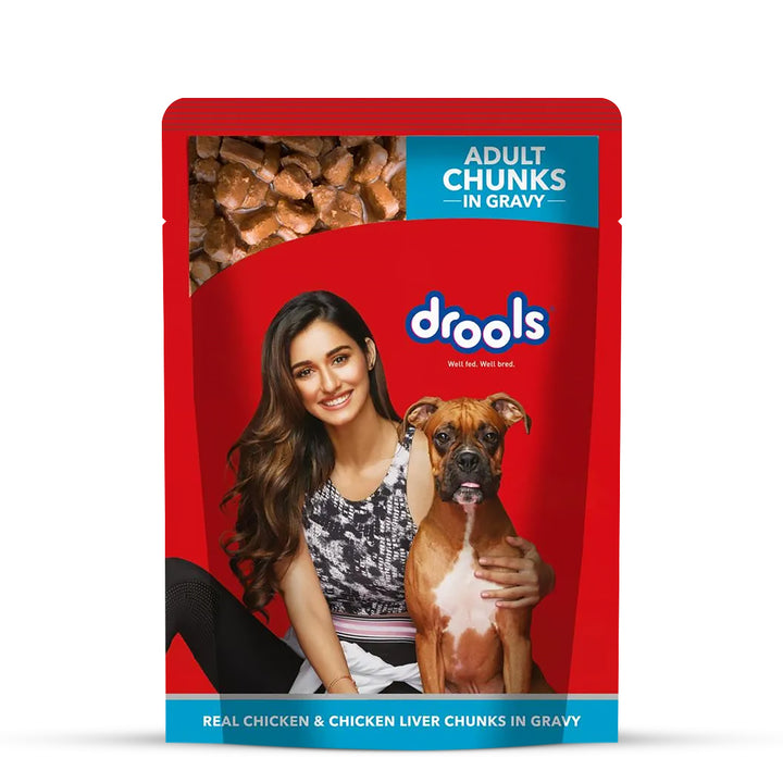 Drools Real Chicken & Chicken Liver Chunks in Gravy Adult Wet Dog Food - 150g