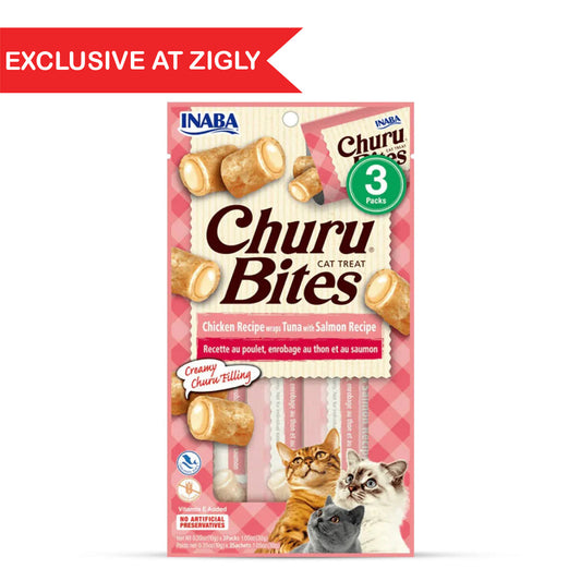 Zigly exclusive Inaba Churu Bites cat treats with chicken, tuna, salmon recipe and creamy filling