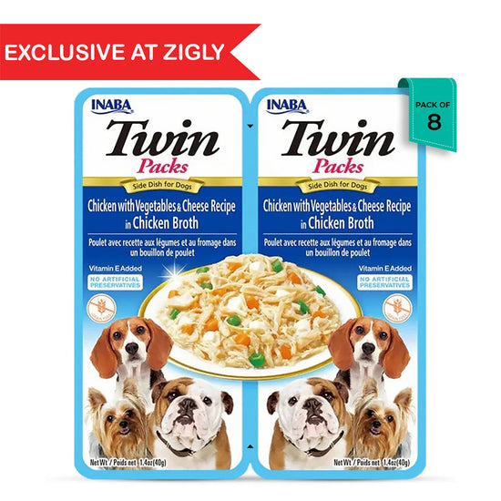 Zigly exclusive Inaba Twin Packs chicken with vegetables and cheese dog food in chicken broth, pack of 8