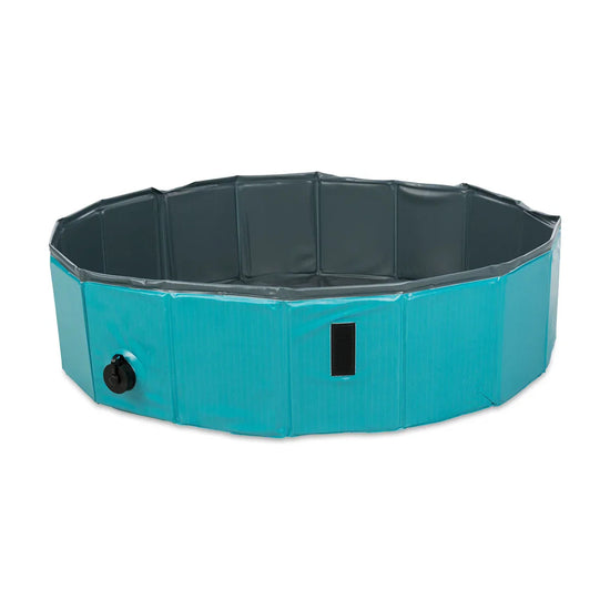 Zigly portable foldable pet pool in blue and black with drain valve for outdoor use