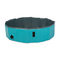 Zigly portable foldable pet pool in blue and black with drain valve for outdoor use