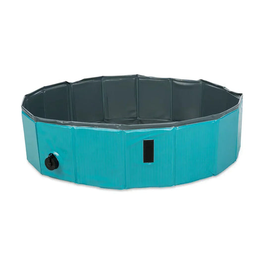 Zigly portable foldable pet pool in blue and black with drain valve for outdoor use