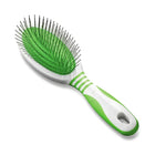 Zigly green and white pet grooming brush with cushioned handle on white background