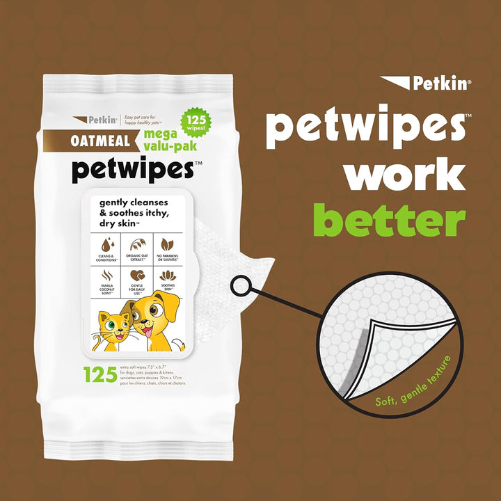 Petkin Oatmeal Mega Valu-Pak Pet Wipes - 125 Wipes