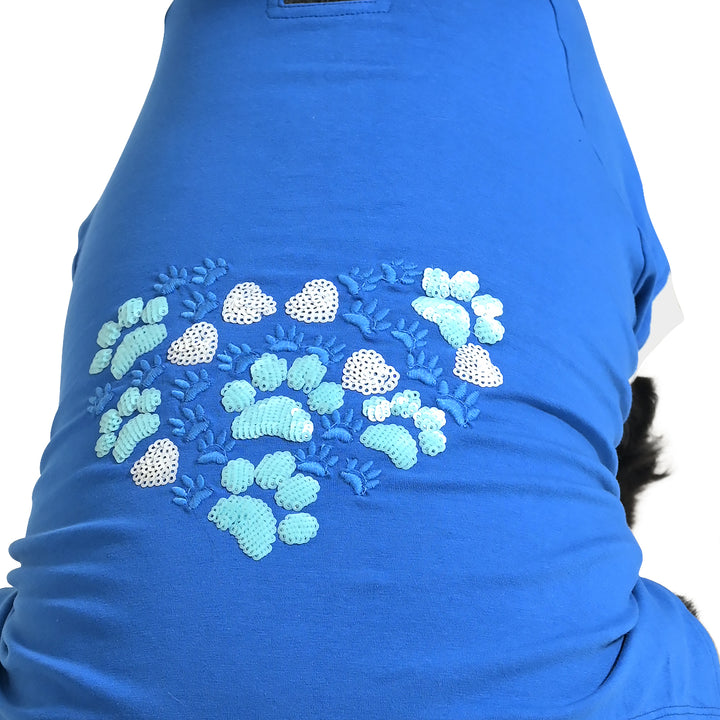 The Happy Lots Sparkle Paws Heartbeat Sequin Dog T-Shirt Blue